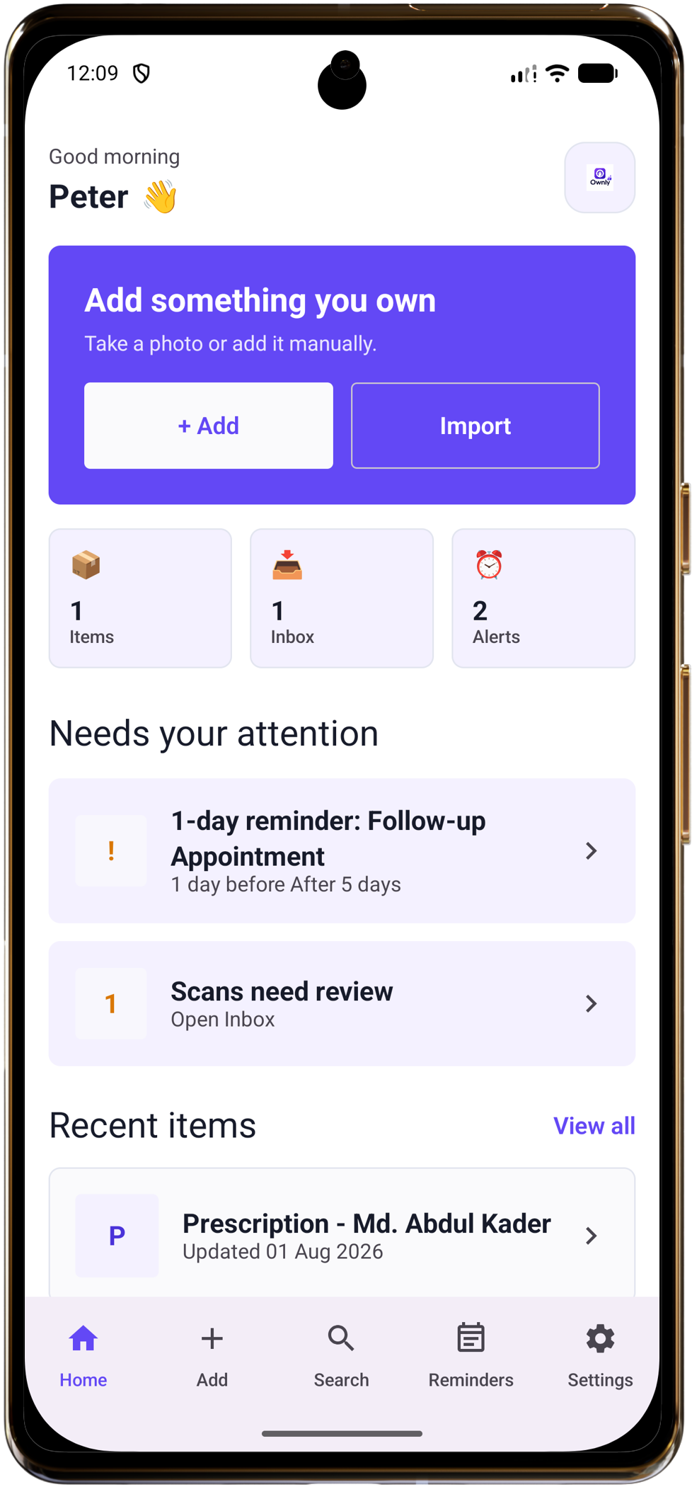OwnlyAI Android dashboard showing captured items and reminders