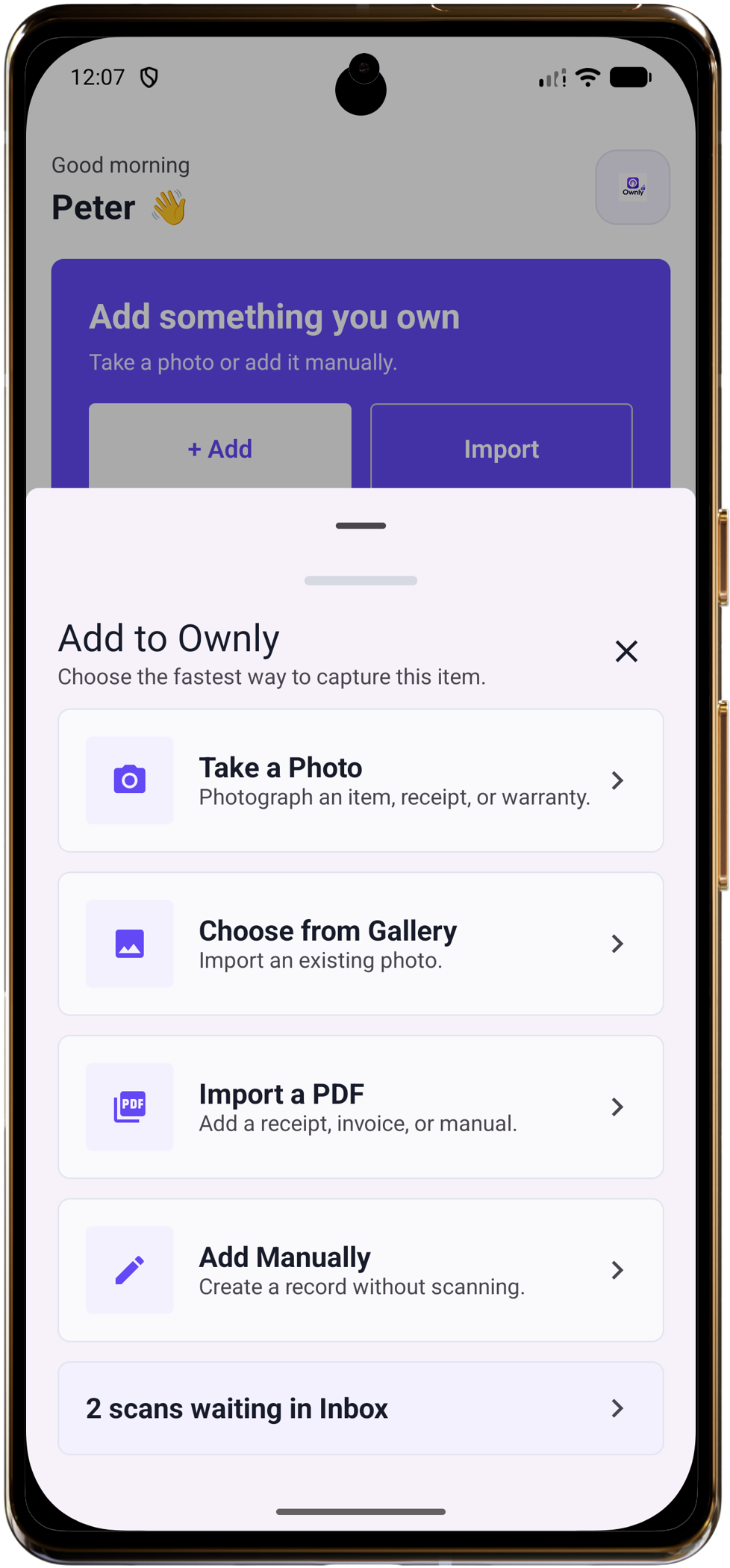 OwnlyAI Android capture and upload screen